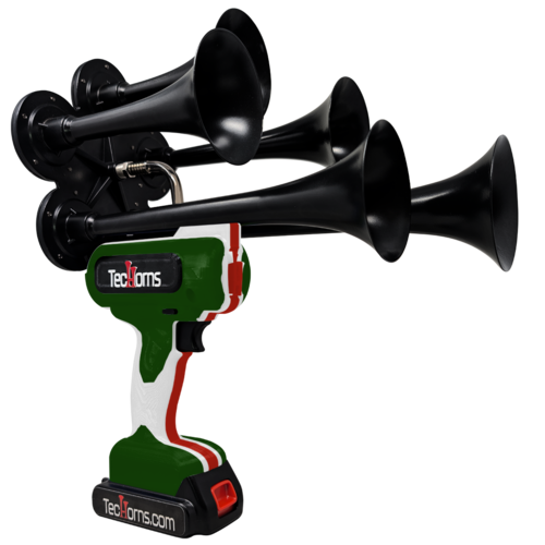 TecHorns Army Green, White, and Red 5-Horn – triple color handheld train horn, 130 dB rugged tone with 20 V lithium battery
