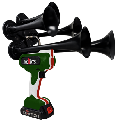TecHorns Army Green, White, and Red 5-Horn – triple color handheld train horn, 130 dB rugged tone with 20 V lithium battery