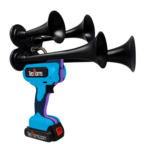 TecHorns Baby Blue, Black, and Violet 4-Horn – triple color handheld train horn, 130 dB with 20 V lithium battery and charger