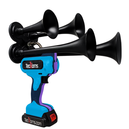 TecHorns Baby Blue, Black, and Violet 4-Horn – triple color handheld train horn, 130 dB with 20 V lithium battery and charger