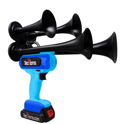 TecHorns Baby Blue and Blue 4-Horn – dual color handheld train horn, 130 dB loud with 20V lithium battery included