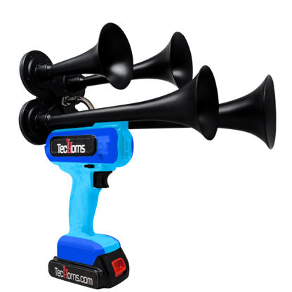 TecHorns Baby Blue and Blue 4-Horn – dual color handheld train horn, 130 dB loud with 20V lithium battery included