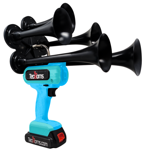 TecHorns Baby Blue and Teal 5-Horn – dual color handheld train horn, 130 dB with 20 V lithium battery and charger