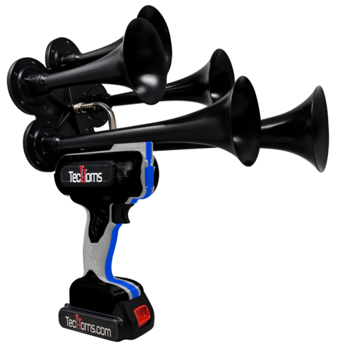 TecHorns Black, Light Gray, and Blue 5-Horn – triple color handheld train horn, 130 dB with 20 V lithium battery and charger