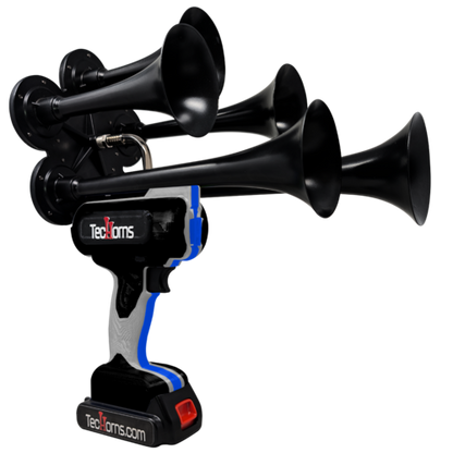 TecHorns Black, Light Gray, and Blue 5-Horn – triple color handheld train horn, 130 dB with 20 V lithium battery and charger