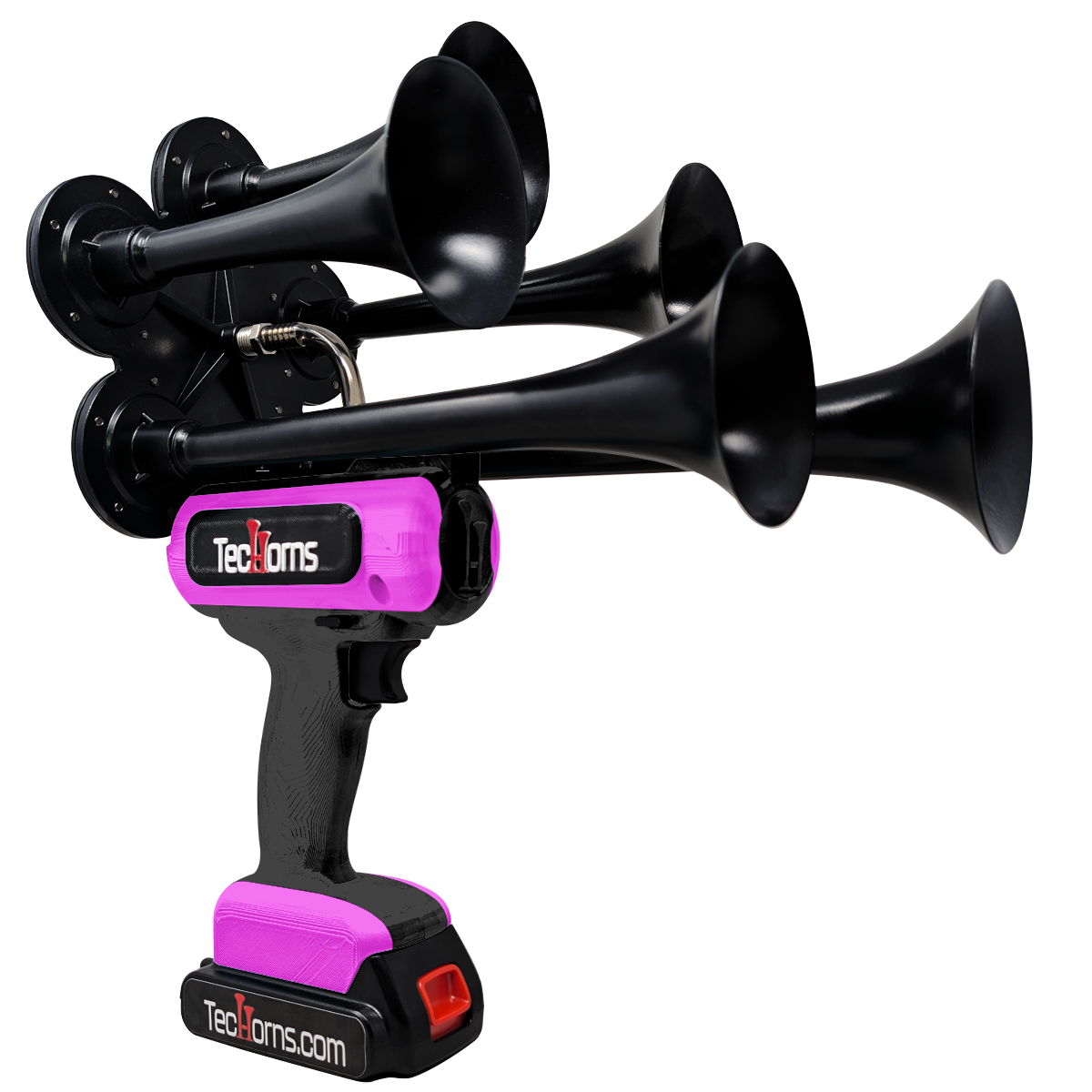 TecHorns Black and Pink 5-Horn – dual color handheld train horn, 130 dB deep-tone with 20 V lithium battery and charger included