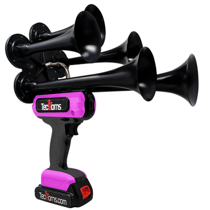 TecHorns Black and Pink 5-Horn – dual color handheld train horn, 130 dB deep-tone with 20 V lithium battery and charger included