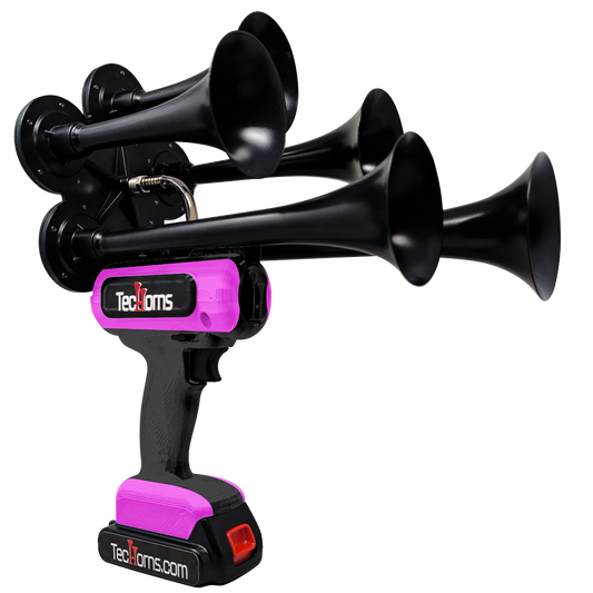 TecHorns Black and Pink 5-Horn – dual color handheld train horn, 130 dB deep-tone with 20 V lithium battery and charger included
