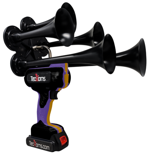 TecHorns Black, Purple, and Gold 5-Horn – triple color handheld train horn, 130 dB with 20 V lithium battery powered system
