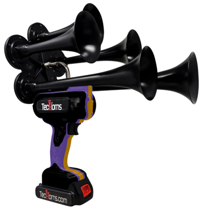 TecHorns Black, Purple, and Gold 5-Horn – triple color handheld train horn, 130 dB with 20 V lithium battery powered system