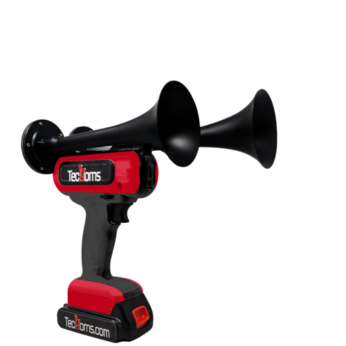TecHorns Black and Red 2-Horn – bold dual color handheld train horn with 20V lithium battery and charger included