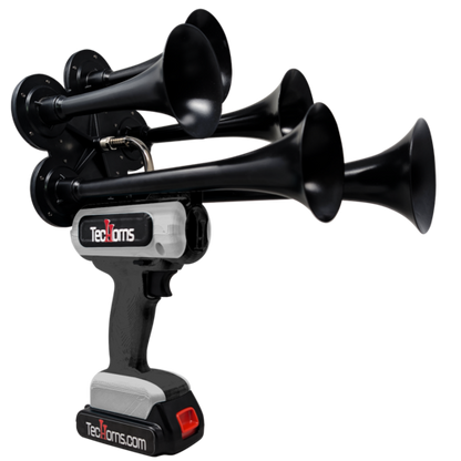 TecHorns Black and Silver 5-Horn – dual color handheld train horn, 130 dB deep-tone with 20 V lithium battery and charger