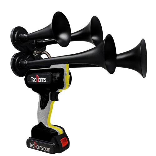 TecHorns Black, Silver, and Yellow 4-Horn – triple color handheld train horn, 130 dB loud, 20 V lithium battery powered