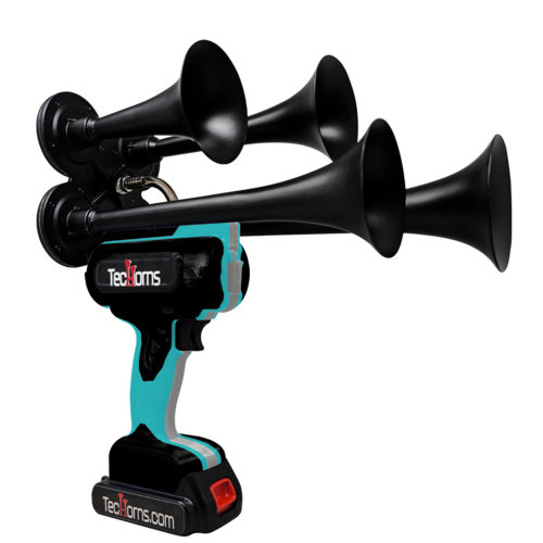 TecHorns Black, Teal, and Silver 4-Horn – triple color handheld train horn, 130 dB with 20 V lithium battery powered system
