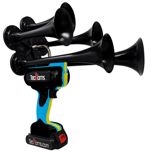 TecHorns Black, Teal, and Yellow 5-Horn – triple color handheld train horn, 130 dB deep-tone with 20 V lithium battery