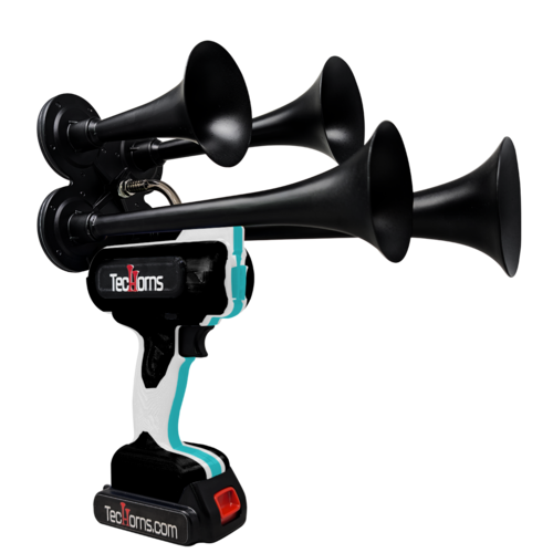 TecHorns Black, White, and Teal 4-Horn – triple color handheld train horn, 130 dB deep-tone with 20 V lithium battery included