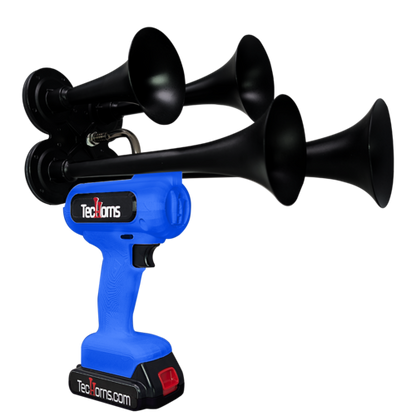 TecHorns Blue 4-Horn – single color handheld train horn, 130 dB with 20V lithium battery and charger