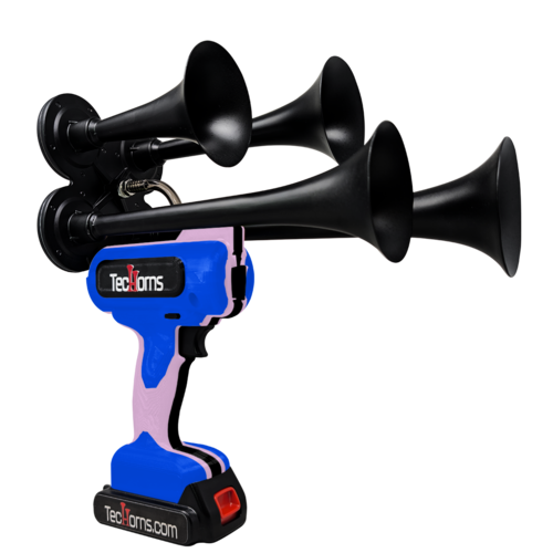 TecHorns Blue, Bubble Gum, and Black 4-Horn – triple color handheld train horn, 130 dB with 20 V lithium battery and charger included