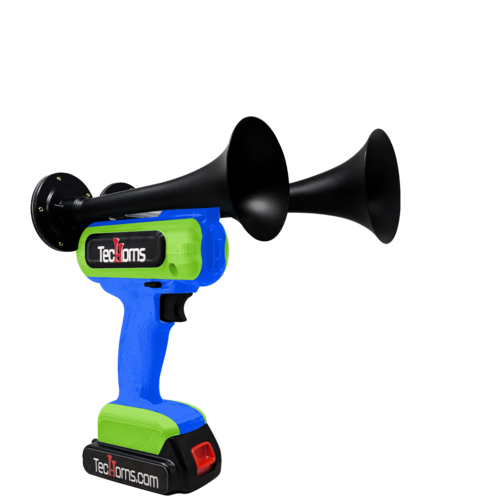 TecHorns Blue and Green 2-Horn – dual color handheld train horn, 130 dB loud with 20V lithium battery powered