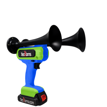 TecHorns Blue and Green 2-Horn – dual color handheld train horn, 130 dB loud with 20V lithium battery powered