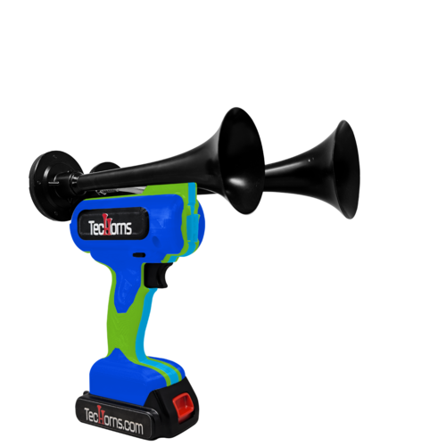 TecHorns Blue, Green, and Teal 2-Horn – triple color handheld train horn, 130 dB with 20 V lithium battery and charger included