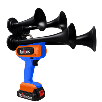 TecHorns Blue and Orange 4-Horn – dual color handheld train horn, 130 dB loud with 20V lithium battery and charger included