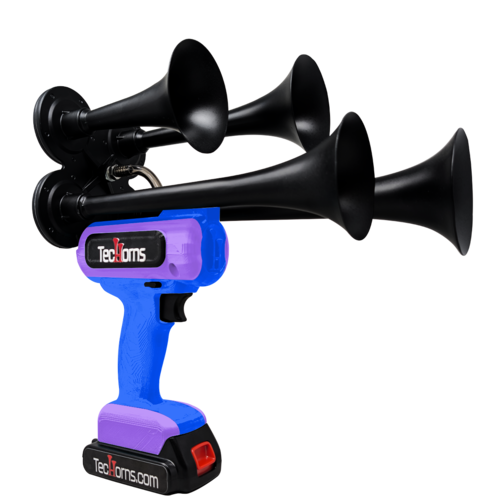 TecHorns Blue and Violet 4-Horn – unique dual color handheld train horn, 20V lithium battery powered, 130 dB deep-tone