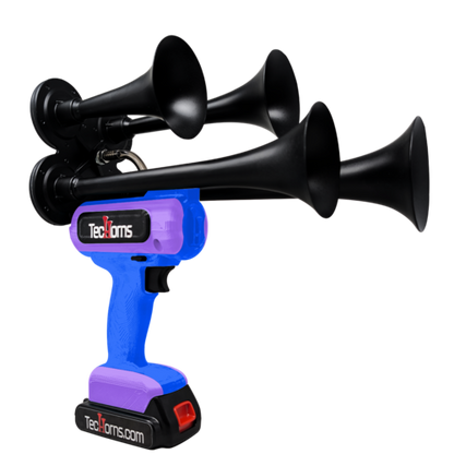 TecHorns Blue and Violet 4-Horn – unique dual color handheld train horn, 20V lithium battery powered, 130 dB deep-tone