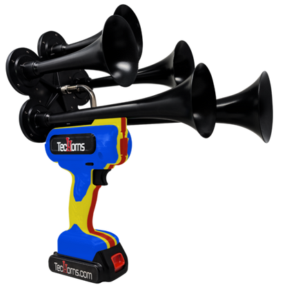 TecHorns Blue, Yellow, and Red 5-Horn – triple color handheld train horn, 130 dB loud with 20 V lithium battery and charger
