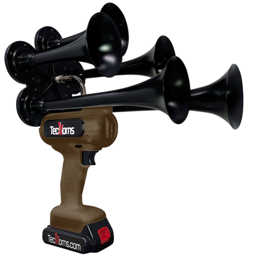 TecHorns Brown 5-Horn – earthy single color handheld train horn, 130 dB deep-tone, 20V lithium powered
