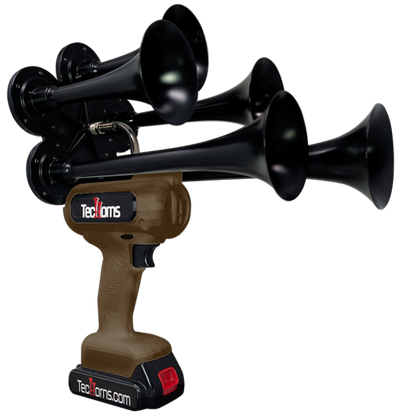 TecHorns Brown 5-Horn – earthy single color handheld train horn, 130 dB deep-tone, 20V lithium powered