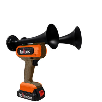 TecHorns Brown and Orange 2-Horn – rugged dual color handheld train horn, 130 dB with 20V lithium battery