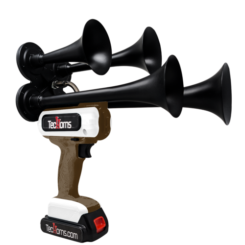 TecHorns Brown and White 4-Horn – dual color handheld train horn, 130 dB with 20V lithium battery powered design