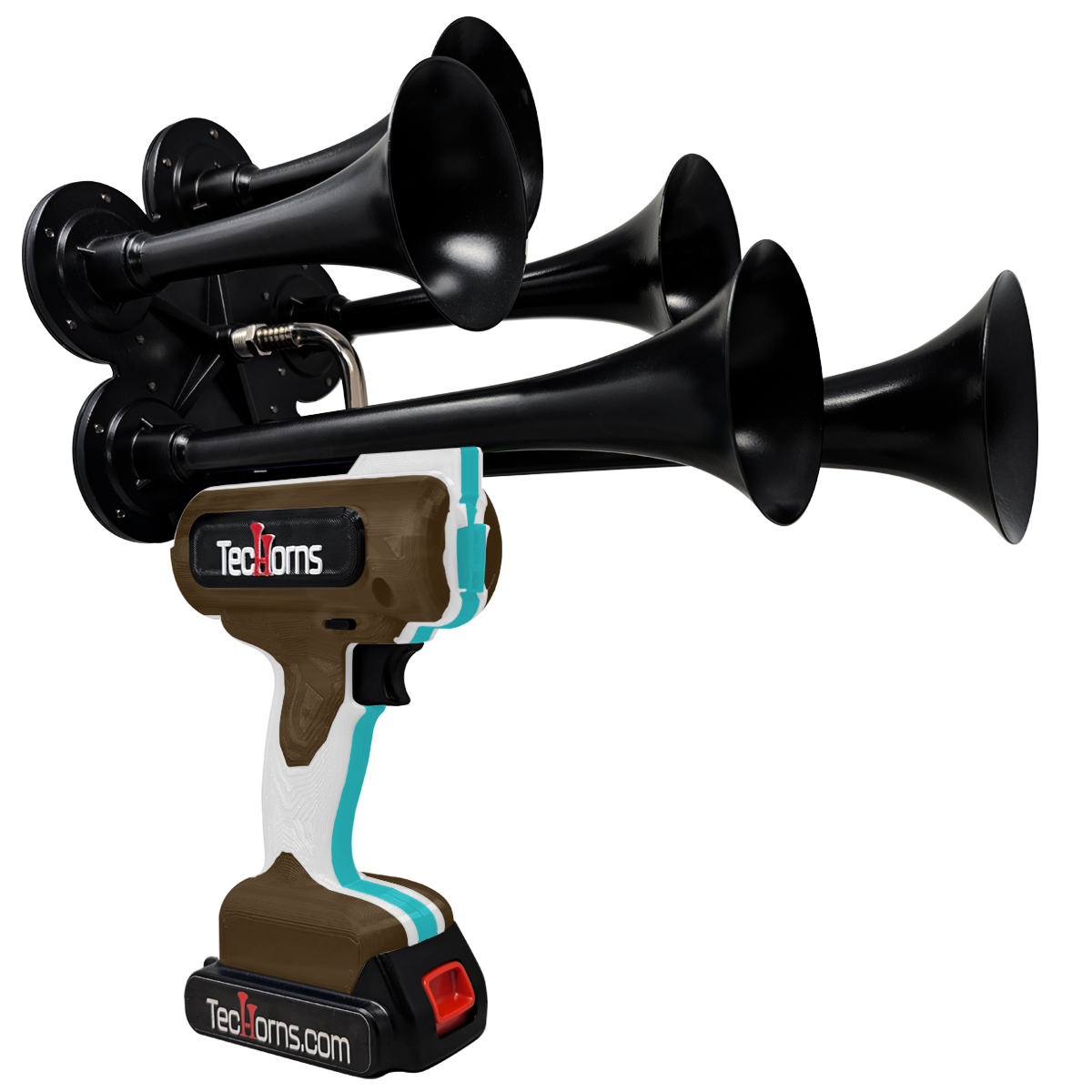 TecHorns Brown, White, and Teal 5-Horn – triple color handheld train horn, 130 dB with 20 V lithium battery powered design