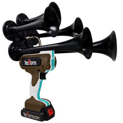 TecHorns Brown, White, and Teal 5-Horn – triple color handheld train horn, 130 dB with 20 V lithium battery powered design
