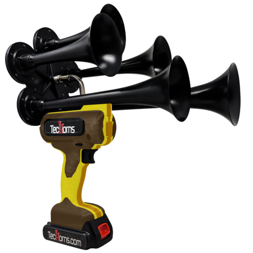 TecHorns Brown, Yellow, and Gold 5-Horn – triple color handheld train horn, 130 dB deep-tone, 20 V lithium battery powered