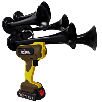 TecHorns Brown, Yellow, and Gold 5-Horn – triple color handheld train horn, 130 dB deep-tone, 20 V lithium battery powered