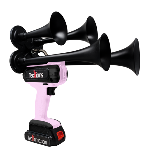 TecHorns Bubble Gum and Black 4-Horn – playful dual color handheld train horn, 130 dB with 20V lithium battery