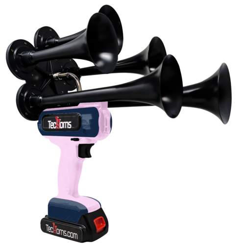 TecHorns Bubble Gum and Navy Blue 5-Horn – playful dual color handheld train horn, 130 dB with 20 V lithium battery