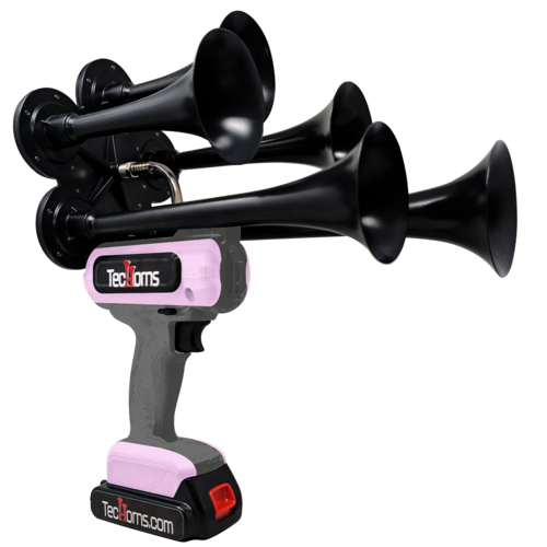 TecHorns Dark Gray and Bubble Gum 5-Horn – dual color handheld train horn, 130 dB loud, 20 V lithium battery included