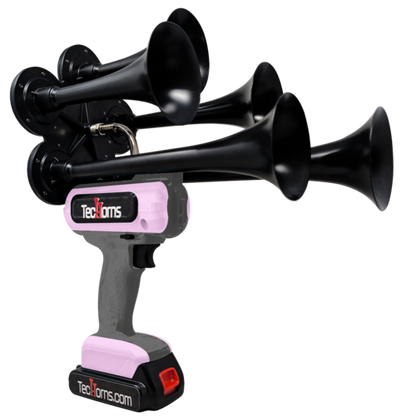 TecHorns Dark Gray and Bubble Gum 5-Horn – dual color handheld train horn, 130 dB loud, 20 V lithium battery included