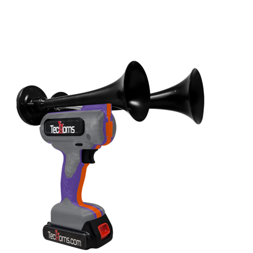 TecHorns Dark Gray, Purple, and Orange 2-Horn – triple color handheld train horn, 130 dB with 20 V lithium battery and charger