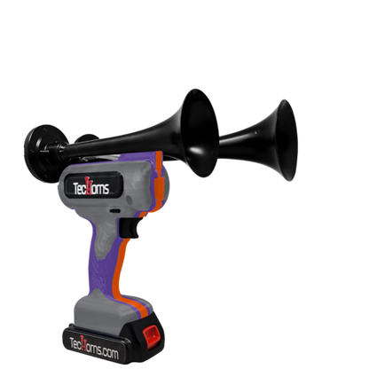 TecHorns Dark Gray, Purple, and Orange 2-Horn – triple color handheld train horn, 130 dB with 20 V lithium battery and charger