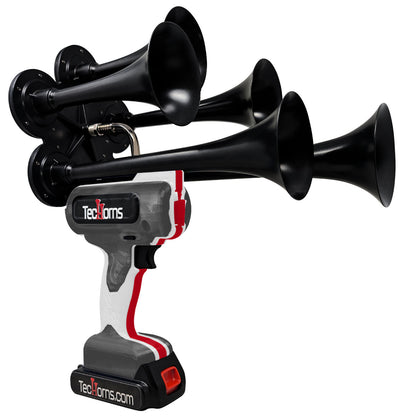 TecHorns Dark Gray, White, and Red 5-Horn – triple color handheld train horn, 130 dB deep-tone with 20 V lithium battery and charger included