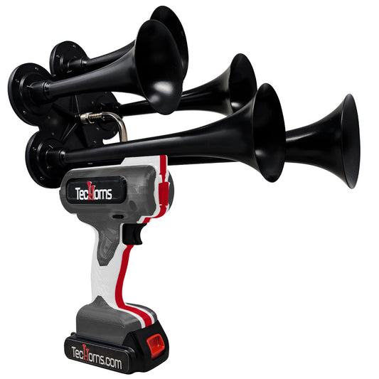 TecHorns Dark Gray, White, and Red 5-Horn – triple color handheld train horn, 130 dB deep-tone with 20 V lithium battery and charger included