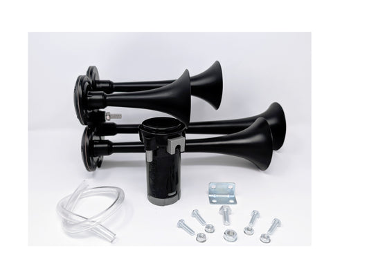 TecHorns DIY 4-Horn Kit – handheld train horn assembly with black four-horn array, air compressor, clear tubing, and mounting hardware for custom builds and DIY installation