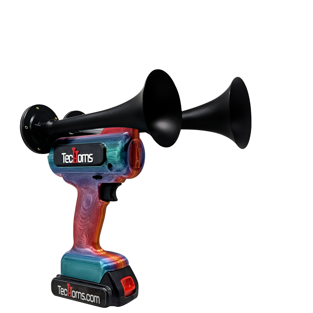TecHorns Fire & Ice Candy 2-Horn – compact handheld train horn with red-to-blue candy finish, 130 dB sound output, and 20 V lithium battery with charger included