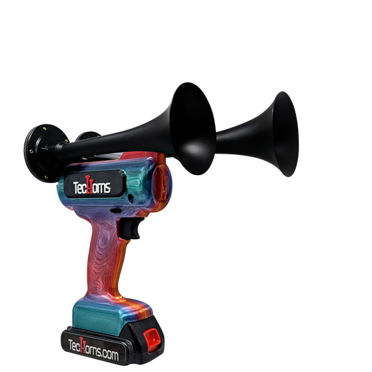 TecHorns Fire & Ice Candy 2-Horn – compact handheld train horn with red-to-blue candy finish, 130 dB sound output, and 20 V lithium battery with charger included