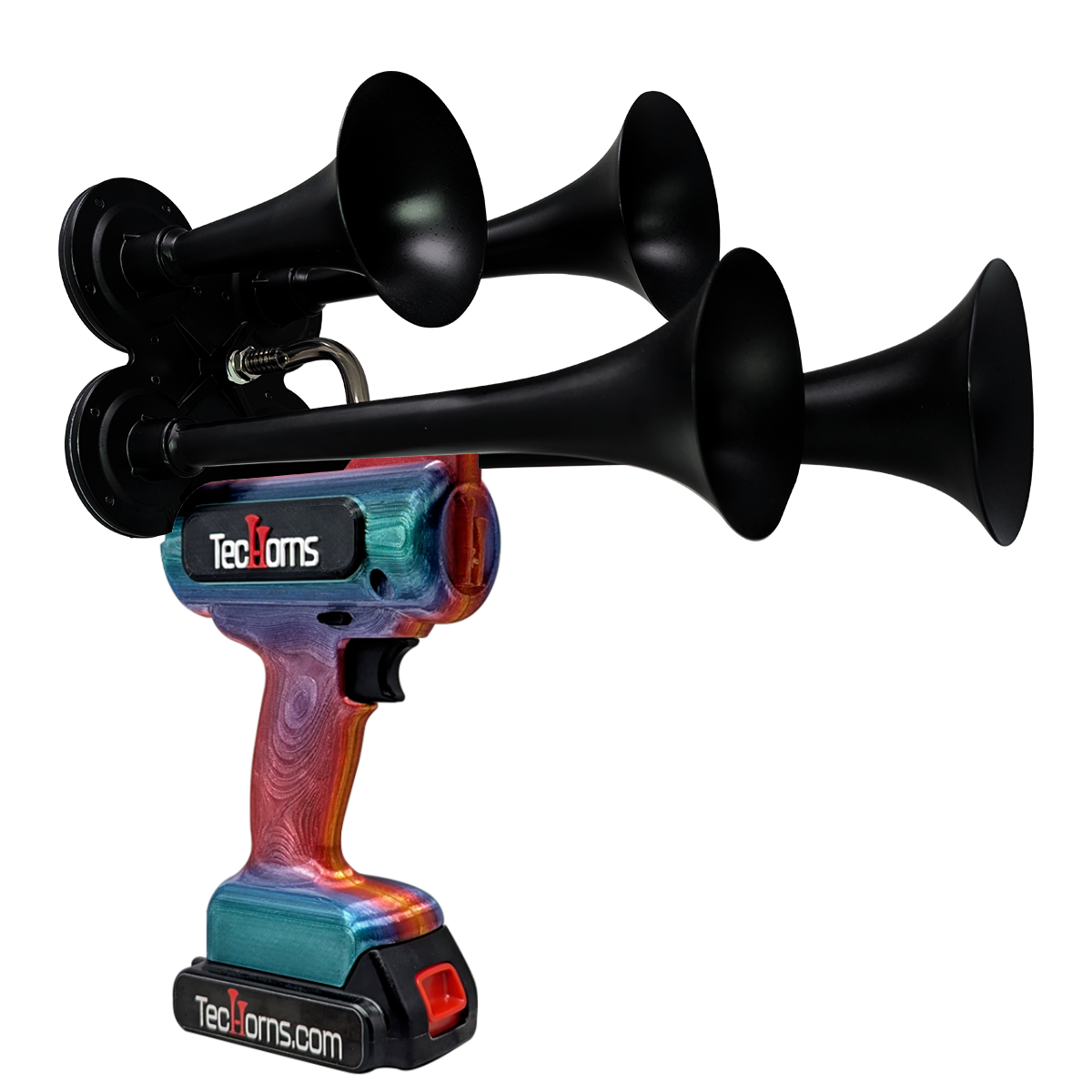TecHorns Fire & Ice Candy 4-Horn – 130 dB handheld train horn with 20 V lithium battery and charger, featuring a red-to-blue candy finish and compact 4-horn design