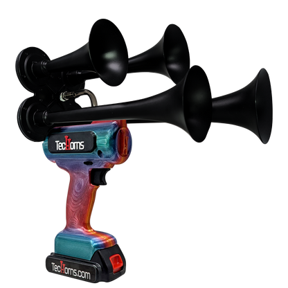 TecHorns Fire & Ice Candy 4-Horn – 130 dB handheld train horn with 20 V lithium battery and charger, featuring a red-to-blue candy finish and compact 4-horn design